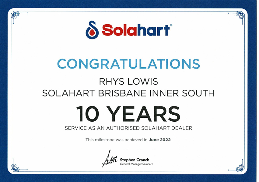 Solahart-Brisbane-10yrs-service-award-certificate, Brisbane solahart 10 years award