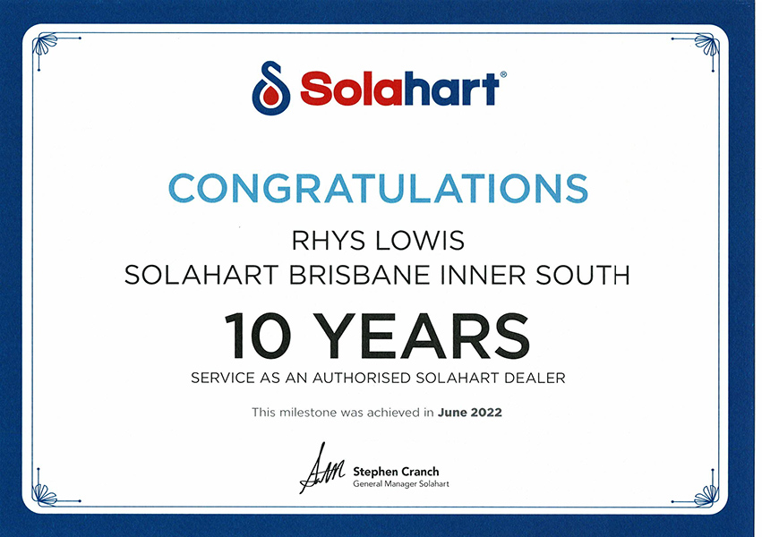Solahart-Brisbane-10yrs-service-award-certificate